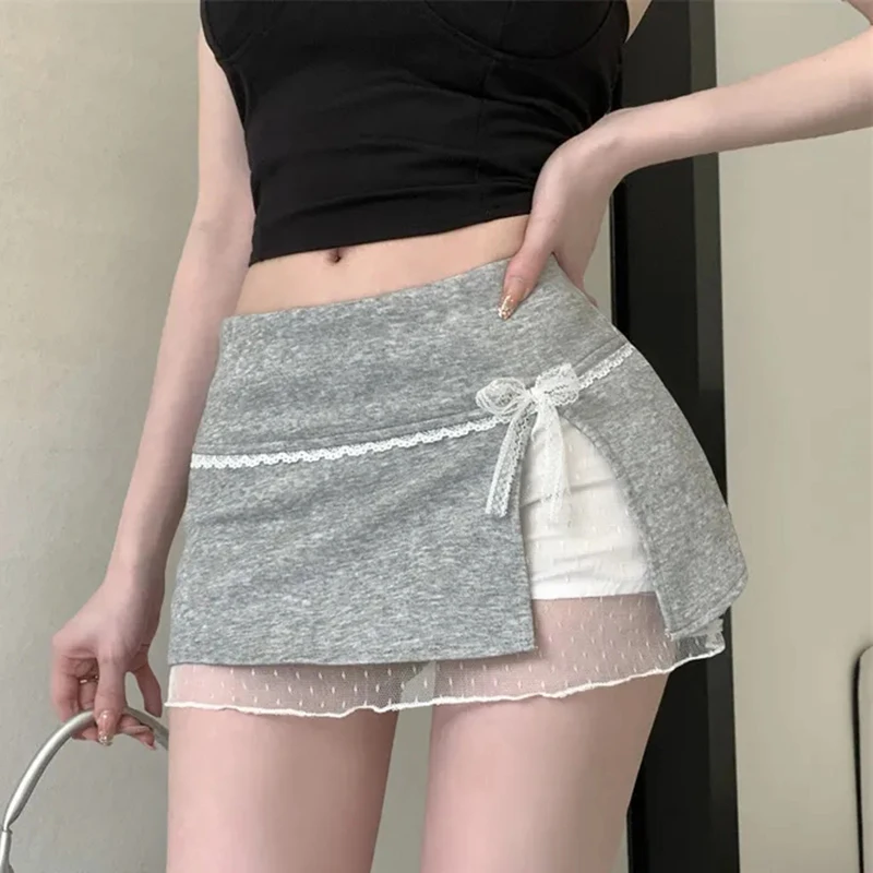

Korean Sweet Bow Lace Skirt Women Patchwork Sexy Bodycon Mini Skort Low Waisted Harajuku Y2K Preppy Style Side Slit Skort