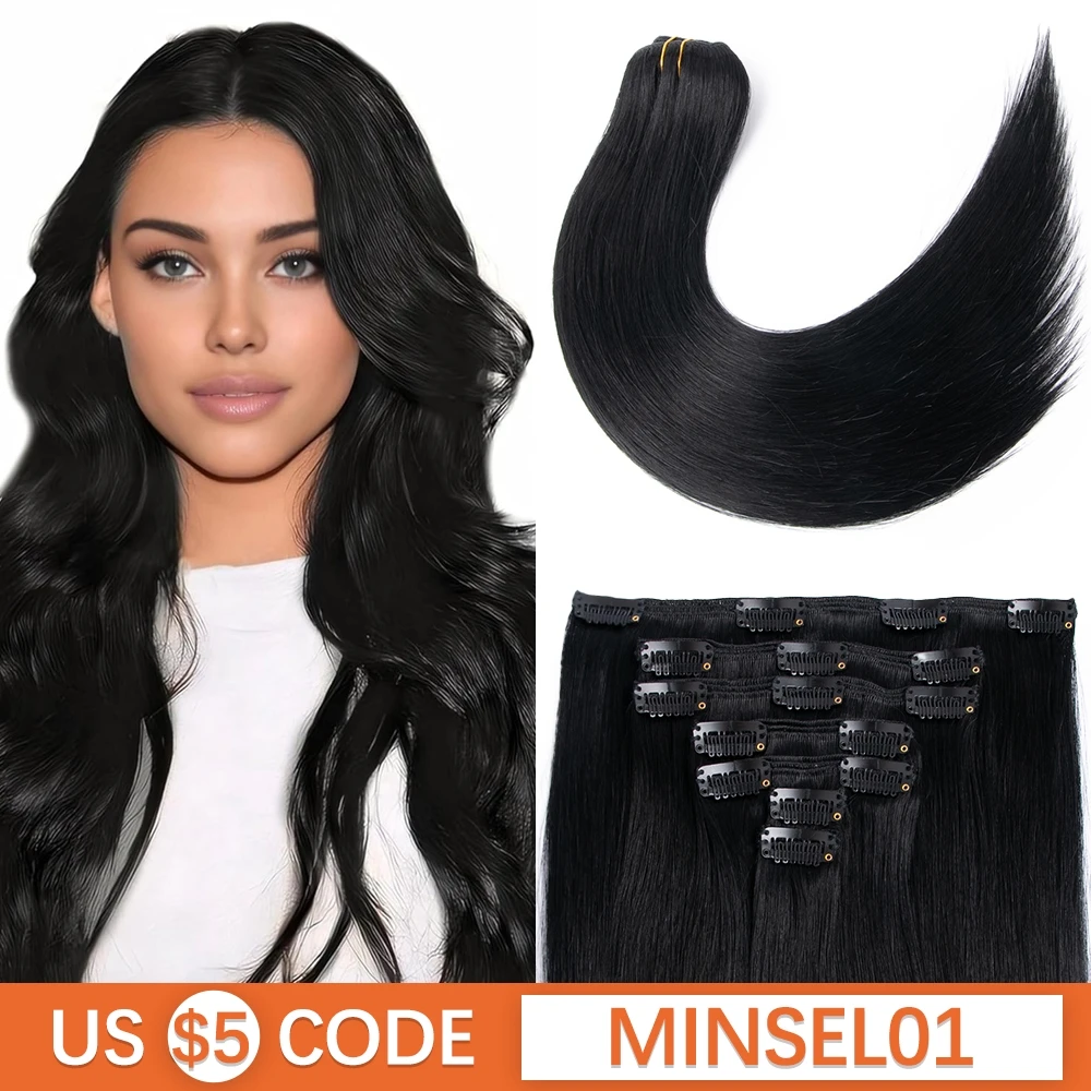 # 1 جت أسود كليب شعر مستعار بشري قسط ريمي وصلة شعر طبيعية كليب على هيربيسي الحرير وناعم 120 جرام 12-24 بوصة 7 قطعة