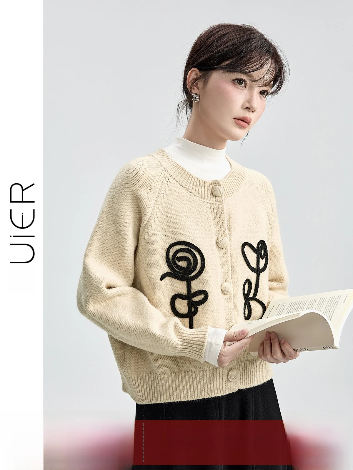 

Guier round Ne Knitted Sweater Cardigan Women's Autumn Winter New Sle Embroidery ort Size Warmth Comfortable Faion