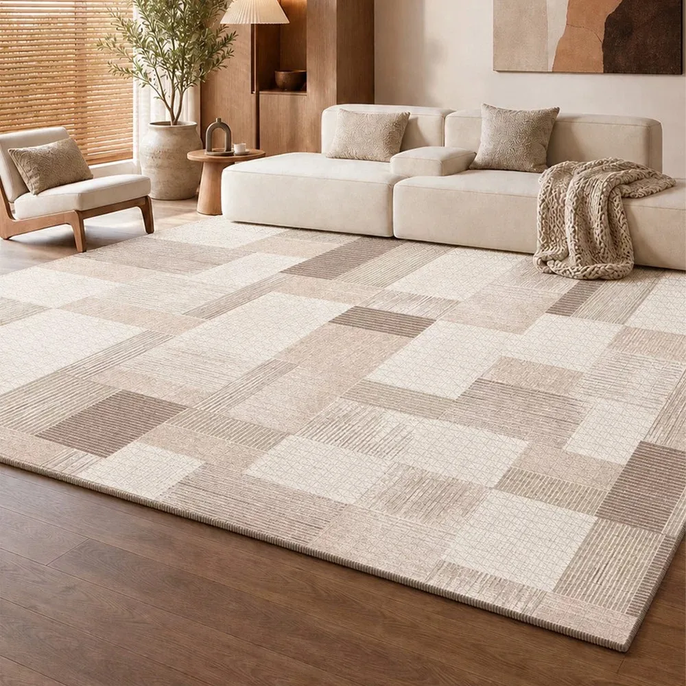 French Beige Geometric Living Room Rug Light Luxury Fashion Minimalism Large Area Carpet Washable Anti-slip Rugs Home Decoration