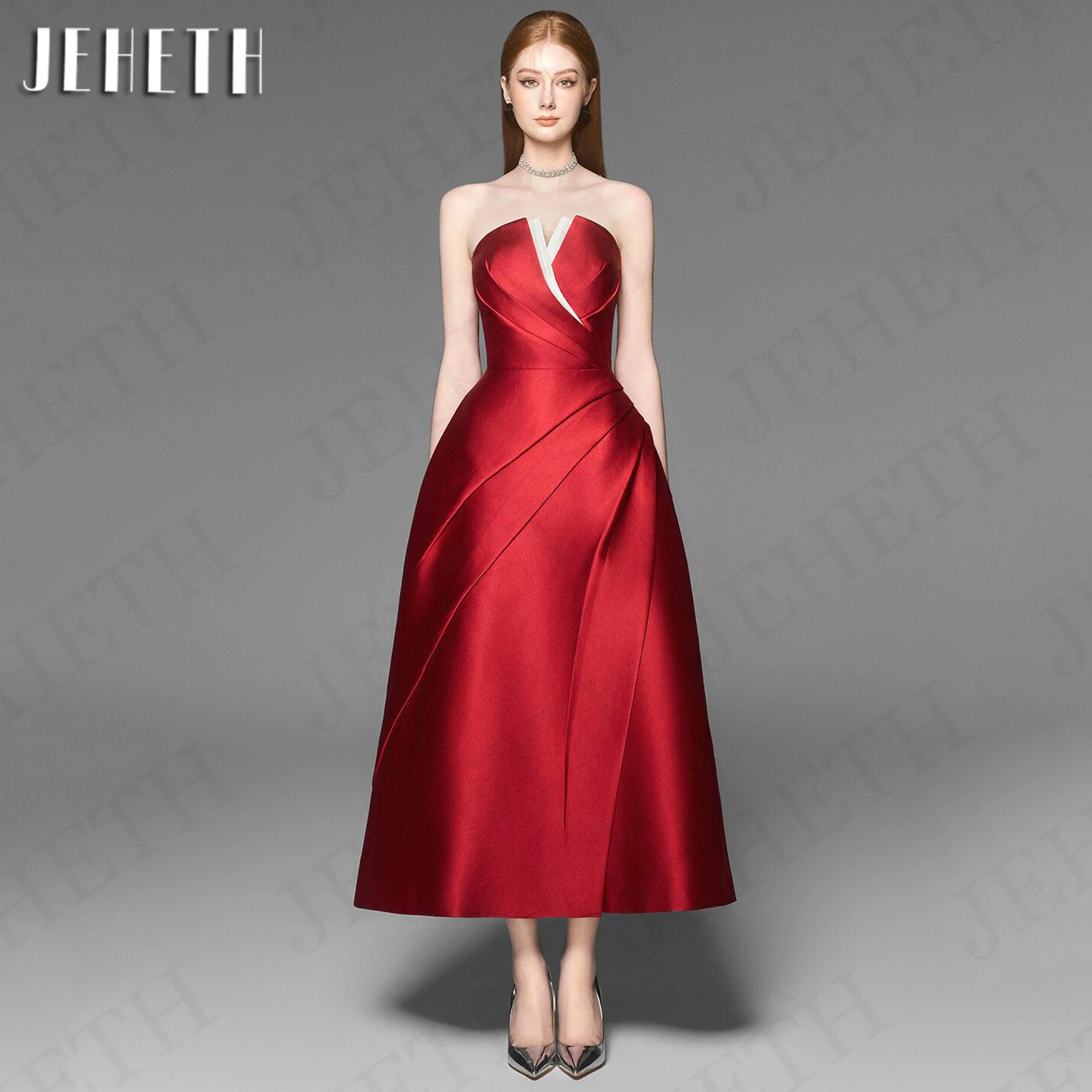 

JEHETH Burgundy Strapless Prom Dresses Elegant Tea Length Satin Sleeveless Wedding Guest Dress Women Backless robe de soirée