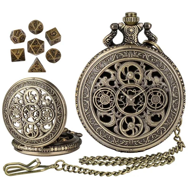 Bronze Hollow Gear Pocket Watch Case FOB Chain 7pcs Metal Polyhedral Dice Set Entertainment Accessory for Role Play Gaming