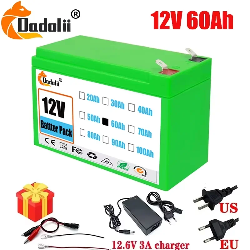 12V Battery 100Ah 18650 lithium battery pack Rechargeable battery for solar energy electric vehicle battery+12.6v3A charger