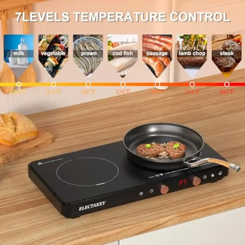 Portable Double Induction Cooktop with Removable Griddle Pan Non-Stick Timer&Digital Control 2 Burner   & Grill