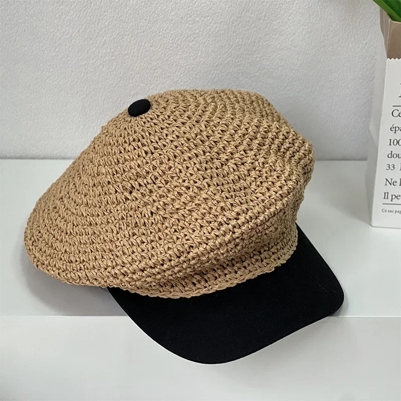 Summer Straw Weaving Beret Cap Women Vacation Outdoor Beach Straw Hat Adjustable Splicing Hats Elegant French Beret for Women