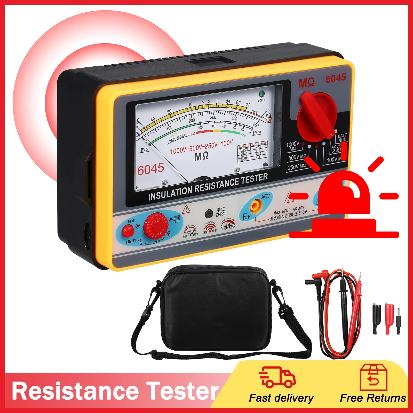 Insulation Resistancer Digital Ohmmeter Handheld Tester Megameter 0-2000MΩ 100V/250V/500V/1000V High Accuracy