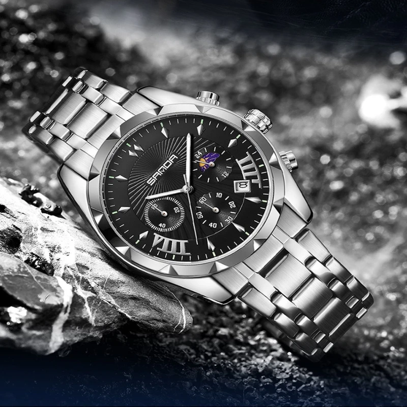 SANDA 9014 Men Quartz Watch Fashionable Waterproof Night Light Three Eye Six Pin Steel Strip Moon Phase Calendar Watches for Man