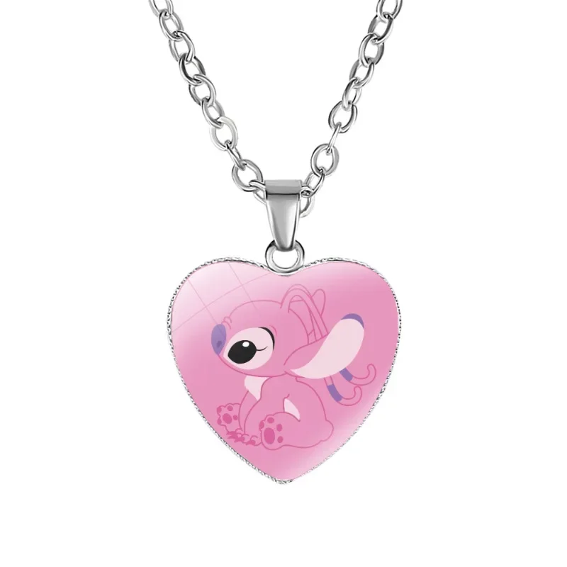 Cartoon Disney Stitch Heart Necklace Anime Lilo & Stitch Photo Printed Glass Pendant Kids Handmade Jewelry Girls Birthday Gifts