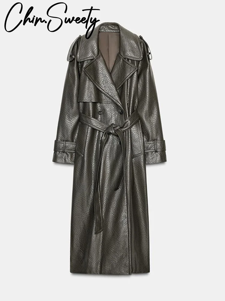 الشارع بولي Leather جلد المرأة معطف طويل موضة كم طويل زر حزام التلبيب جيب الإناث أبلى 2025 الخريف الشتاء سترة حريمي جديد