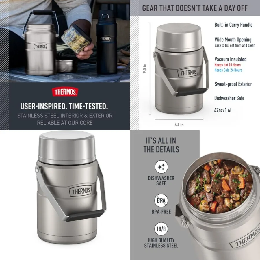

Stainless King Vacuum-Insulated Food Jar with 2 Storage Container Inserts, 47 Ounce, Matte Stainless Steel