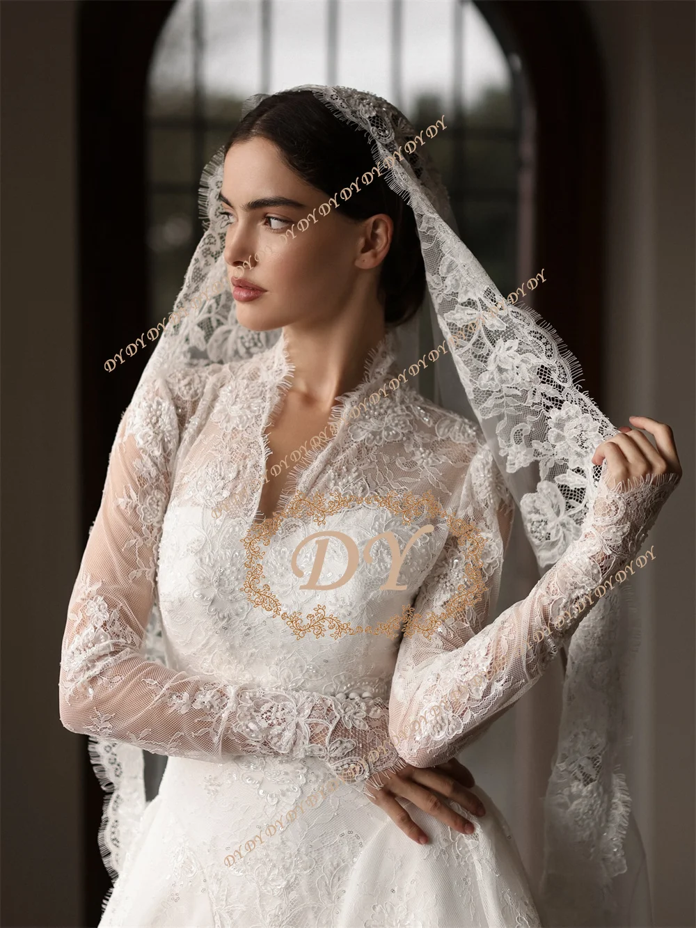 DY Elegant Lace A-Line Wedding Dresses V Neck Full Sleeves Bridal Gowns Customized 2026 Vestidos De Novia Sweep Tail