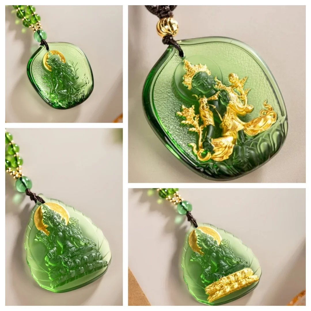 Green Glaze Green Tara Bodhisattva Amulet Pendant Necklace Temple Blessing Safe Guardian Lucky Pendant