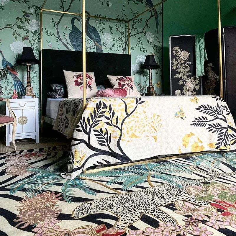 Retro Chinese Style Living Room Carpet Tropical Jungle Pattern Cloakroom Bedroom Rug Soft Home Floor Rugs Mat