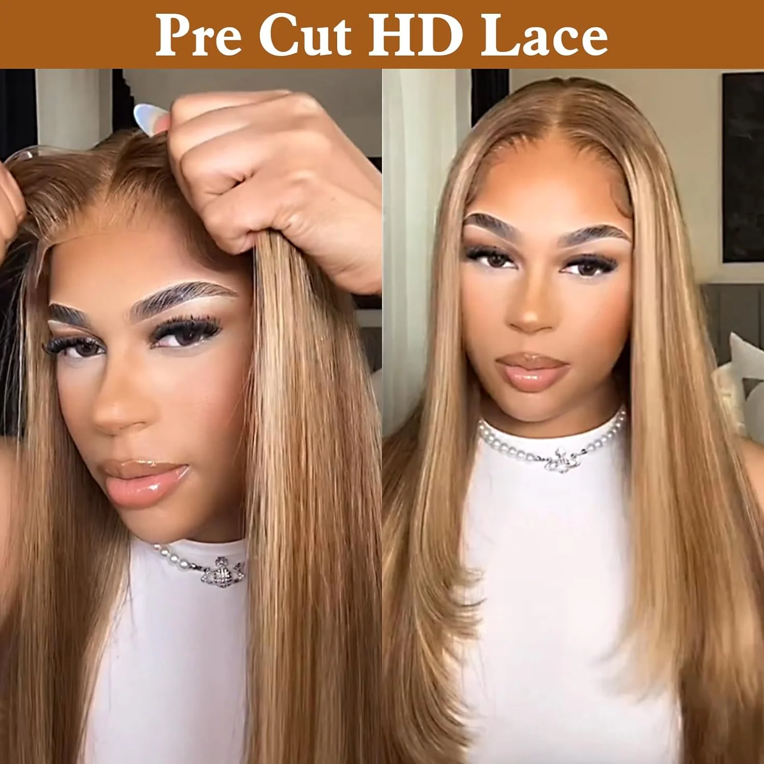 Glueless Highlight Wig Lace Front Wigs 4/27 Honey Blonde Straight Wig Human Hair 6x4 Lace Closure Colored Wigs ISEE Hair Wear Go