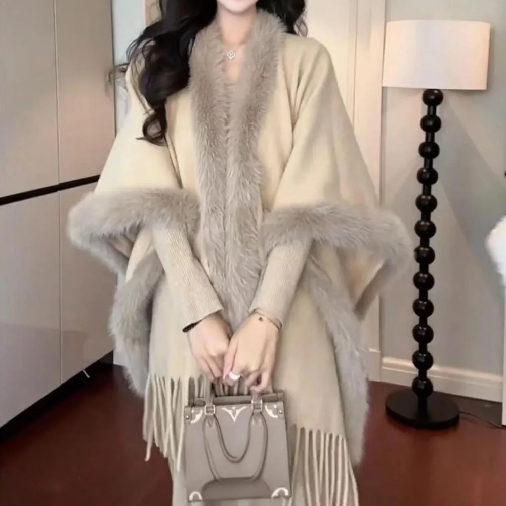

Winter Thicken Loose Cloak Cold-proof Shawl Wrap Tassel Plush Faux Fox Fur Trims Wool Blend Cape Women Fur Collar Shoulder Shawl