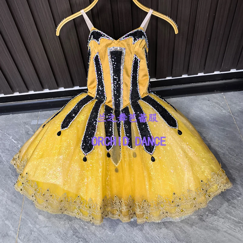 Women bright yellow satin V-neck spaghetti strap corset short tutu ballet costume black sequin vertical geometric rhinestone dec