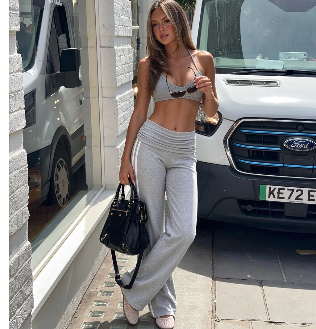 Women High Waist Fold Over Wide Leg Sweatpants, Side Double White Stripe Loose Flared Trousers, Casual Streetwear Long Pants