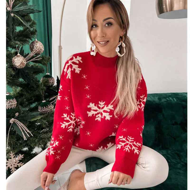 

Elegant Christmas Sweater for Women Long Sleeved Round Neck Snowflake Print Pullover Top Sueter Mujer
