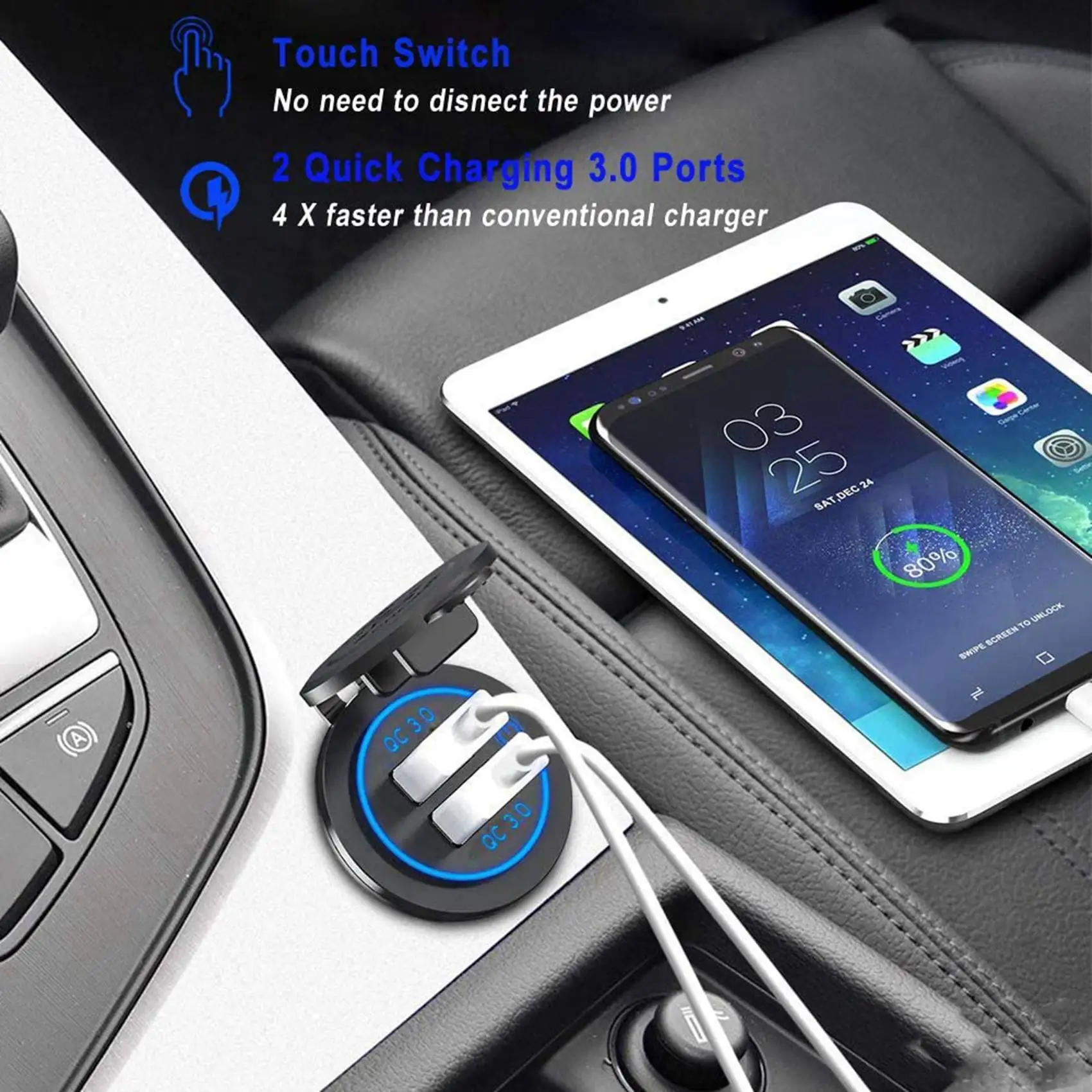 AB56-6X Quick Charge 3.0 Dual USB Car 12V 36W USB Fast With Switch For Boat Motorcycle Truck Golf Cart Blue