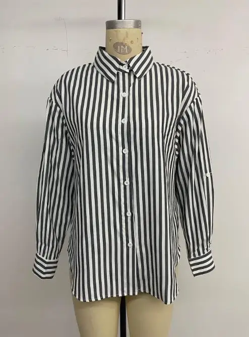 

2025 осенний новый женский модный повседневный полосатый кардиган с лацканами для поездок на работу, рубашка с длинными рукавами