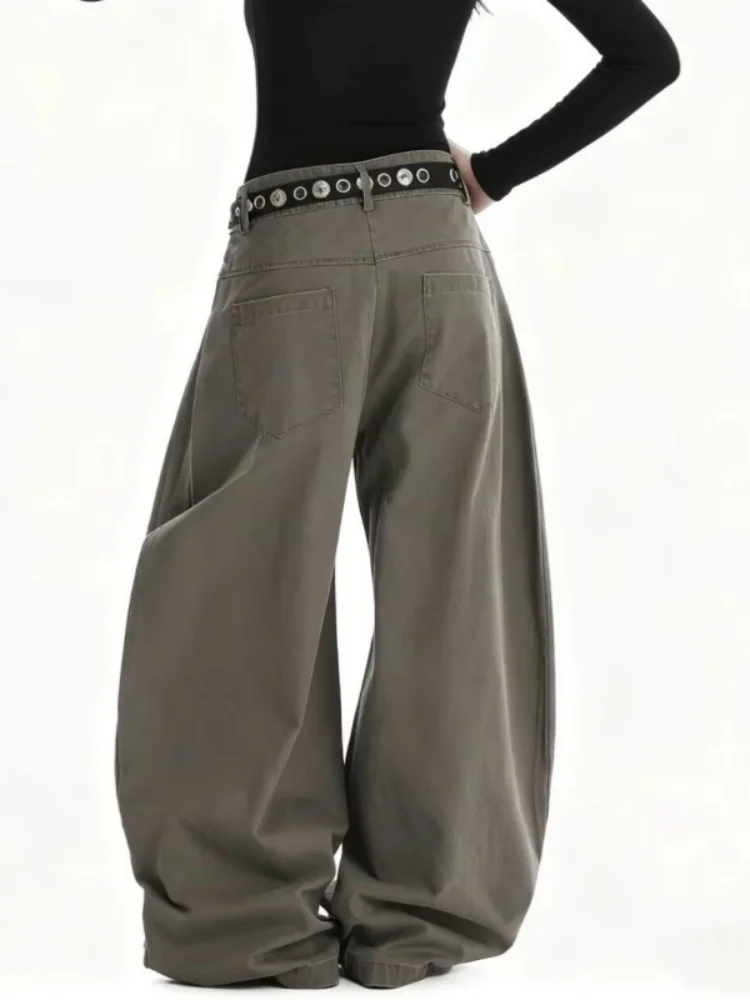 2026 American Retro Y2K Style Rivet Design Grey Baggy Women's Jeans Pants For Woman Clothing Wide Leg Streetwear Long Trousers