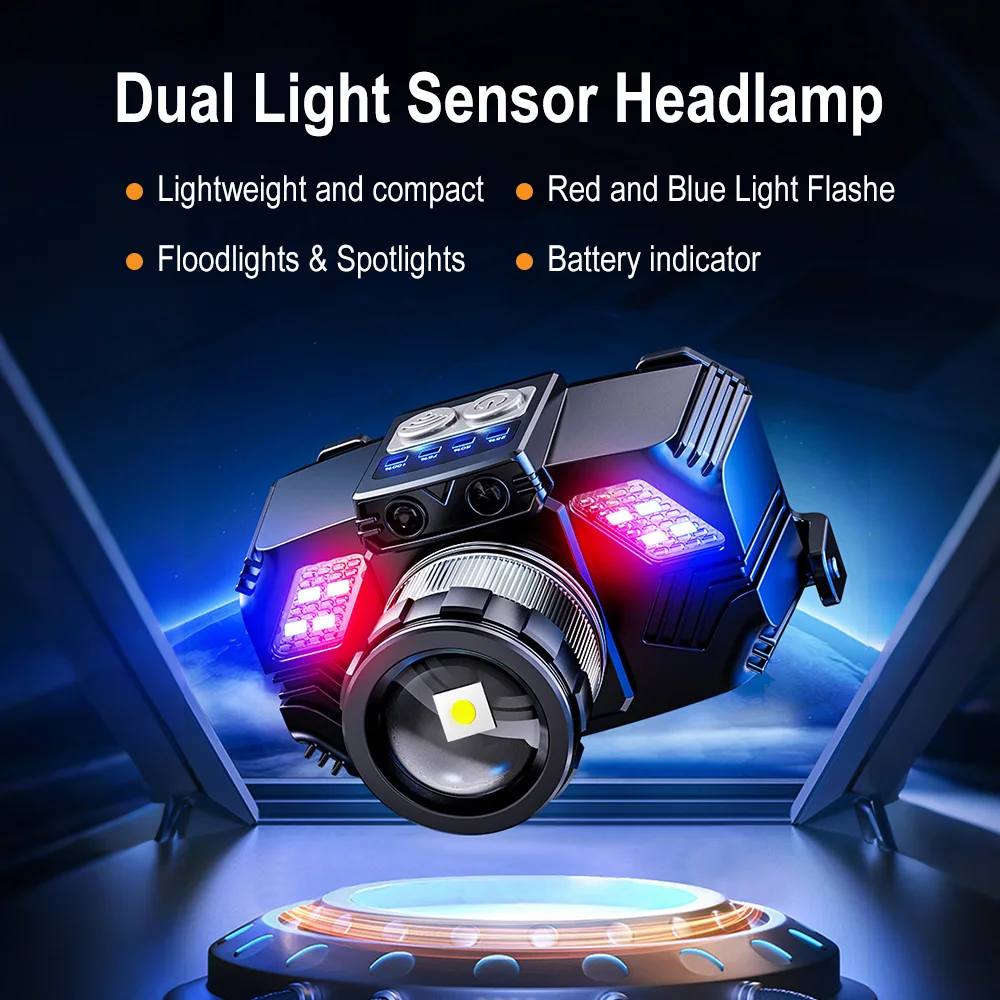 BORUiT Масштабируемый светодиодный налобный фонарь с датчиком движения, водонепроницаемый перезаряжаемый налобный фонарь с индикатором питания для кемпинга, рыбалки