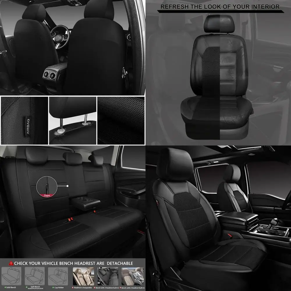 

Универсальные чехлы на автомобильные сиденья из кожи и 3D-сетки, черные, совместимые с седанами, грузовиками, внедорожниками, подушками безопасности, застежкой-молнией и