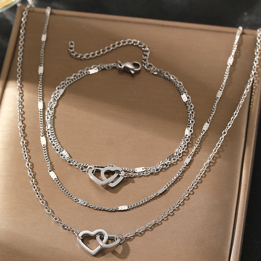 Stainless Steel Jewelry Sets High-end Atmosphere Love Bracelet Love Necklace Double Chain Design Jewelry Sets For Women Jewelry