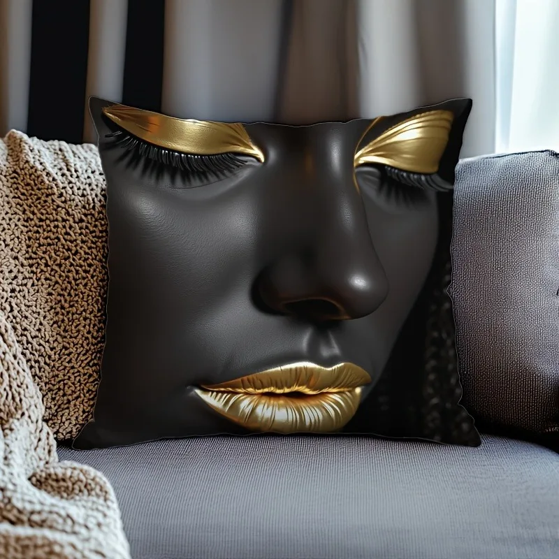 Black Gold Facial Features 2D Printing Double-Sided Pillow Cover, 1pc Unique Art Decorative Cushion Case for Sofa, Bed Decor