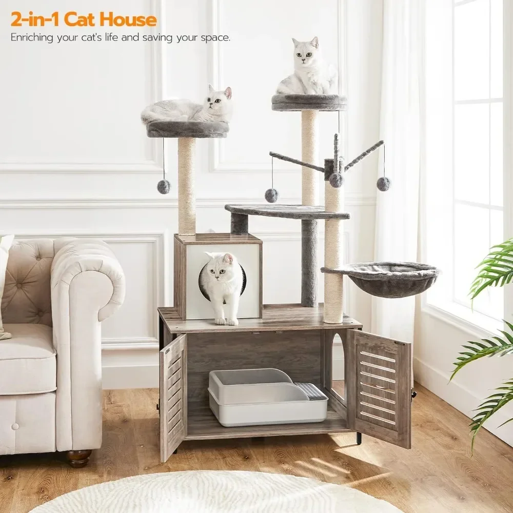 Cat Tree with Litter Box Enclosure Scratching Posts for Indoor Cats All-in-One Wooden Cat House Furniture Cat Condo with Hammock