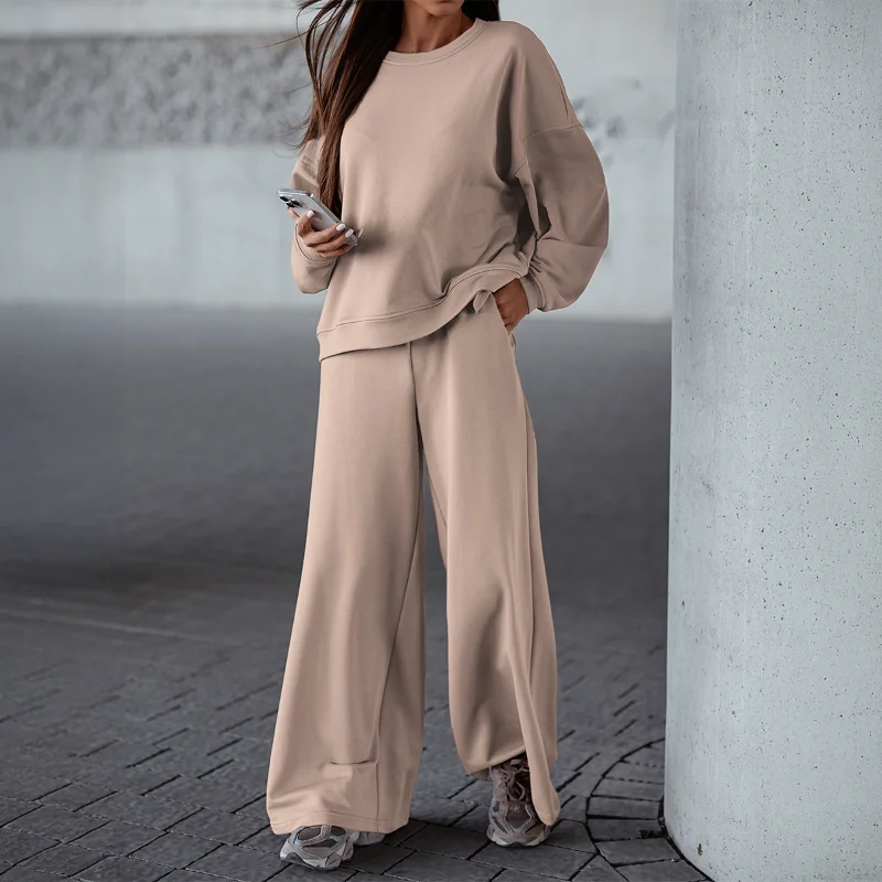 

Женский комплект для отдыха из двух предметов: оверсайз свитшот и широкие брюки, повседневный однотонный спортивный костюм