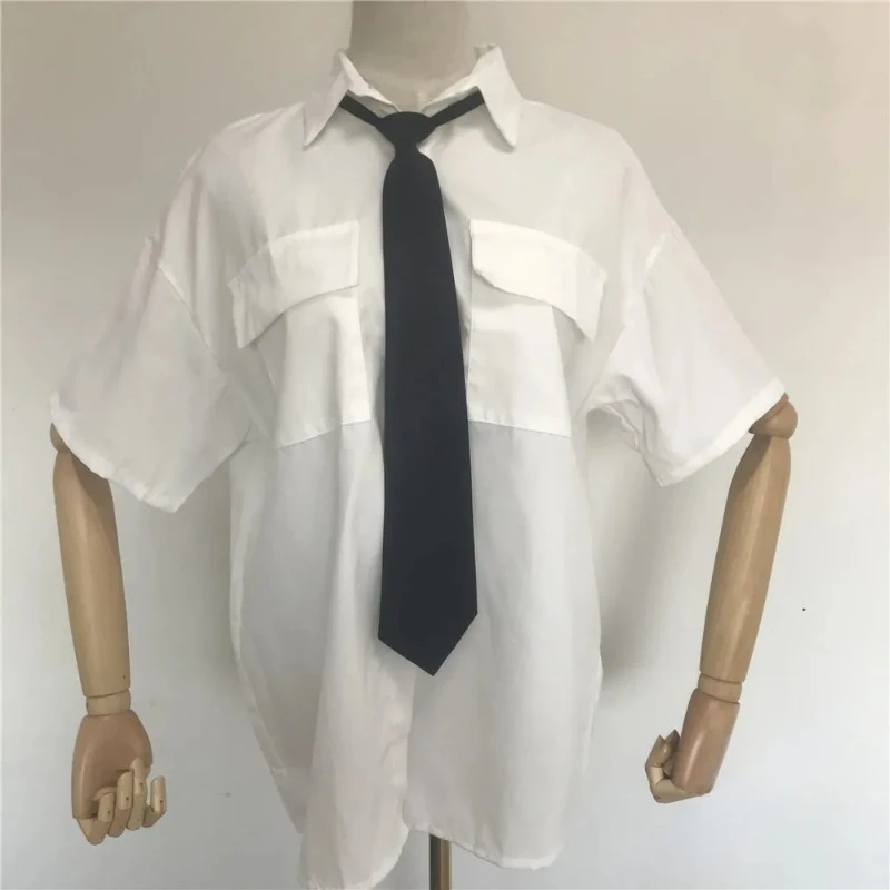 DAYIFUN 2024 Short Sleeve Blouses Women White Lapel Casual Pockets Shirts with Tie Teen Girl Student Loose Oversize Basic Blusas