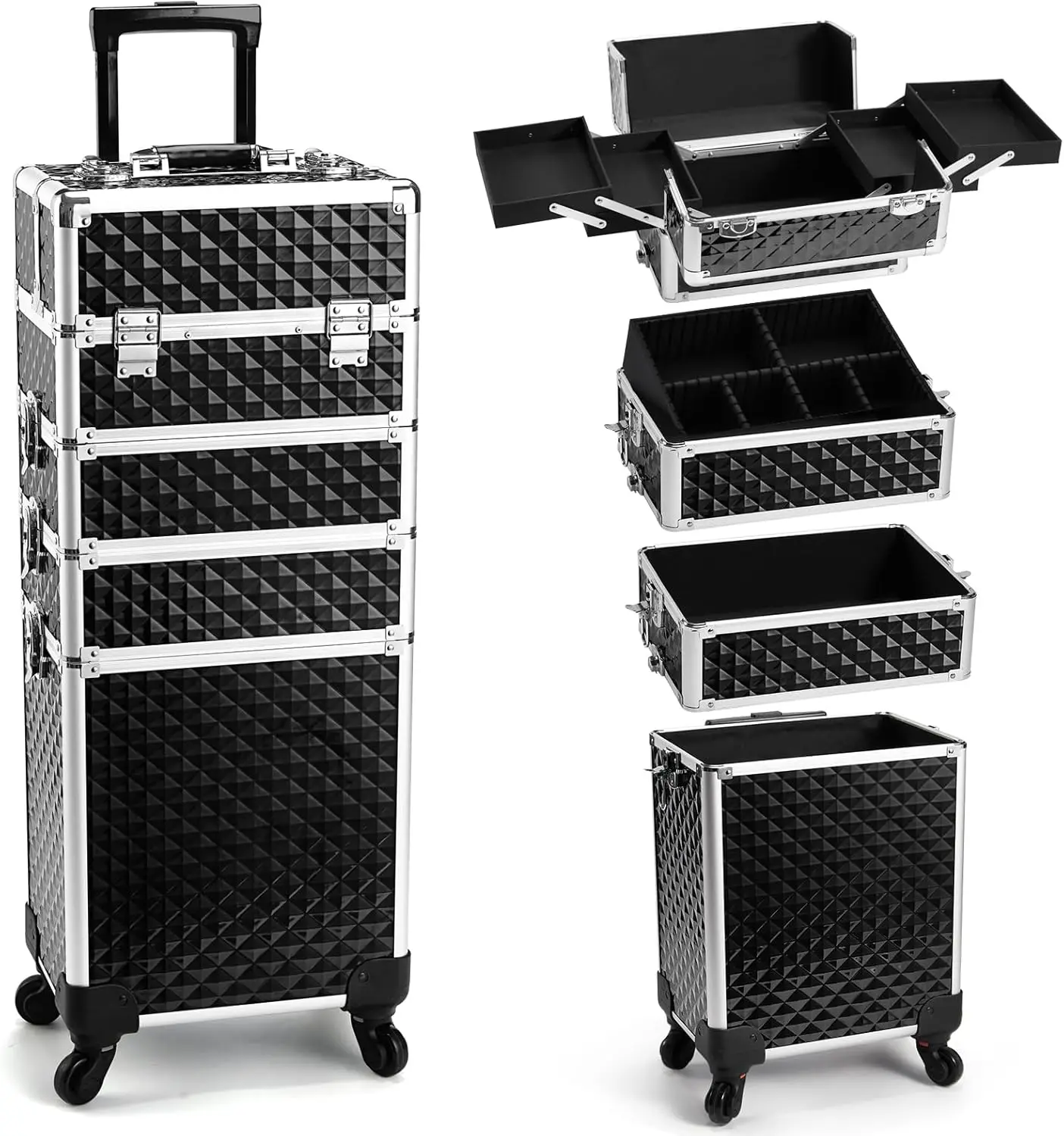 

4-in-1 Rolling Makeup Case with Wheels, Lockable Storage for MUA, Manicure, Tattoo Professionals, Travel Cosmetic Cart