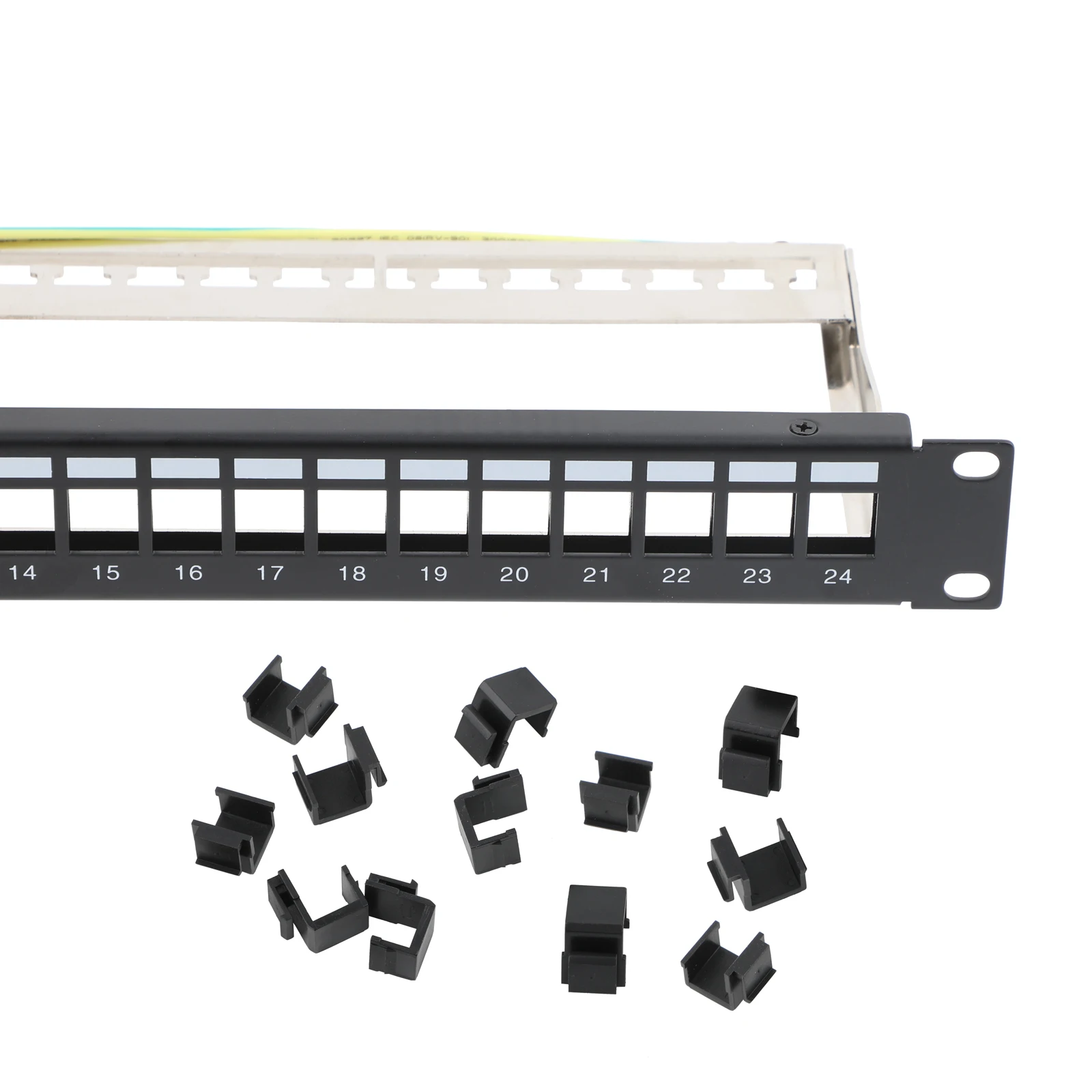 

19 Inch 24 Port 1U RJ45 Patch Panel with Inline Keystone and Cable Management Bar, Rackmount or Wall Mount RJ45 Patch Panel