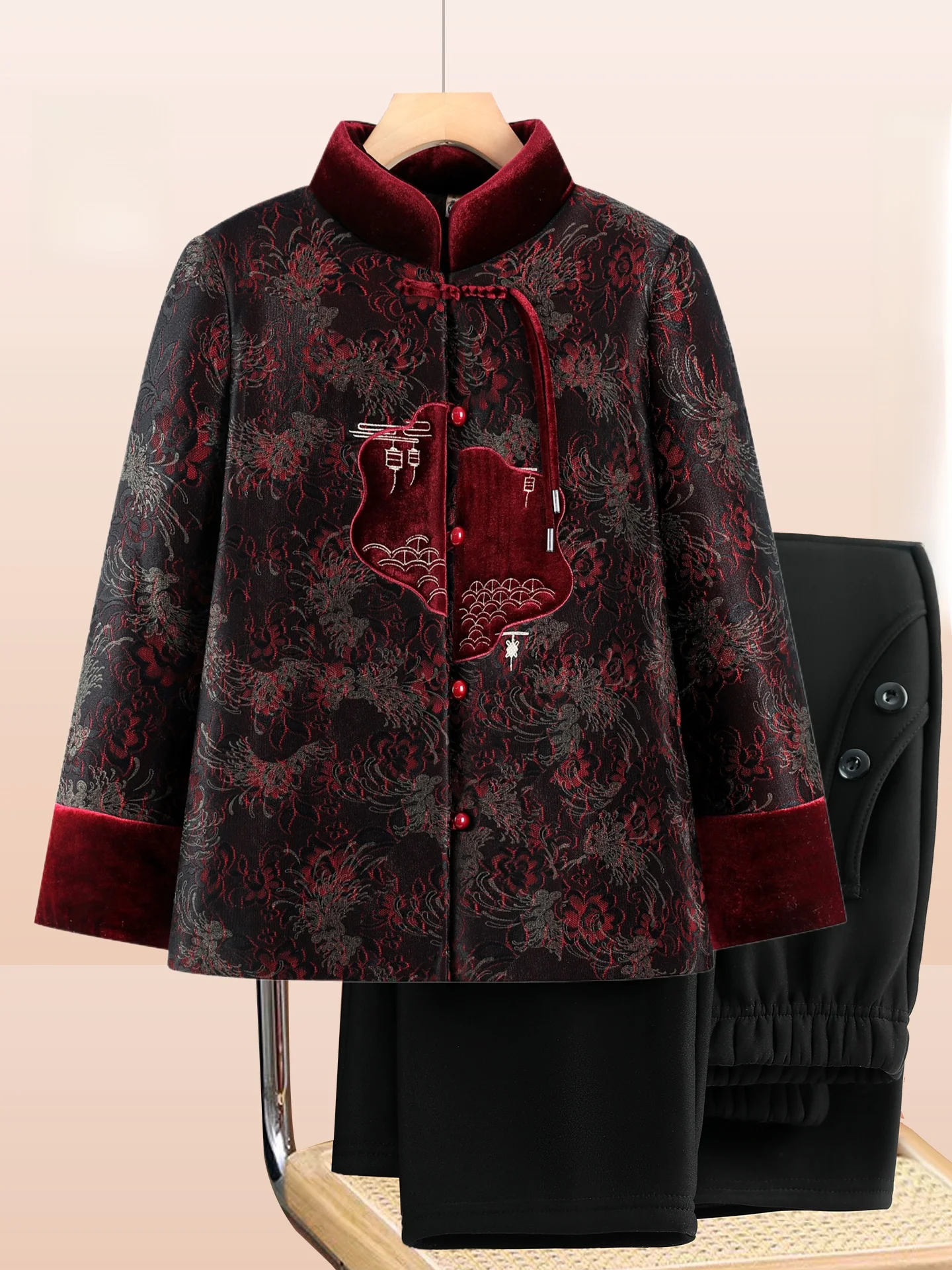 

Утепленная хлопковая куртка на флисовой подкладке с воротником-стойкой в традиционном китайском стиле, женская одежда для женщин среднего и пожилого возраста