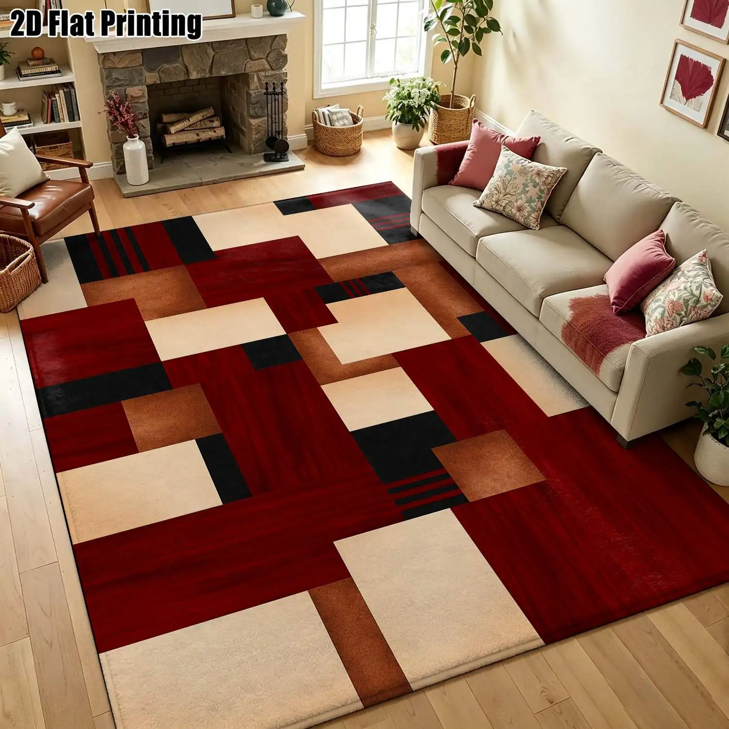 1Pc 2D Printed Geometric Square Carpet, Red Brown Black Modern Simple Style, Suitable for European Interiors, Home Decor, Multiple Sizes, Machine Washable, Multi-Scene Use