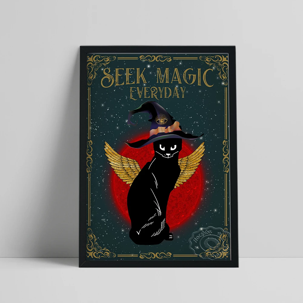 Witch Cat Art Print Poster Angel Wing Animal Wall Stickers Seek Magic Everyday Canvas Painting Decor