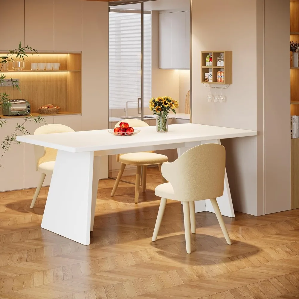 Modern Rectangular Dining Table by Tribesigns, 63 White Kitchen Table with Glossy Top and Strong Double Pedestal Base