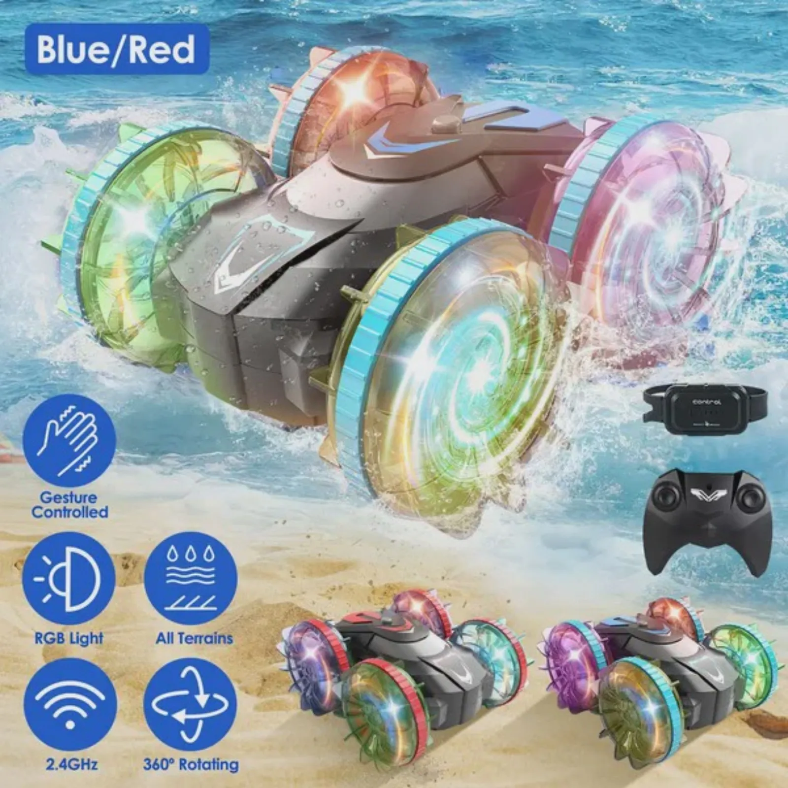 

2 In 1 Amphibious RC Car Waterproof Stunt Car with Wrist Controller 4WD 360° Rotating Gesture Car with RGB Lights for Kids Aged 6+