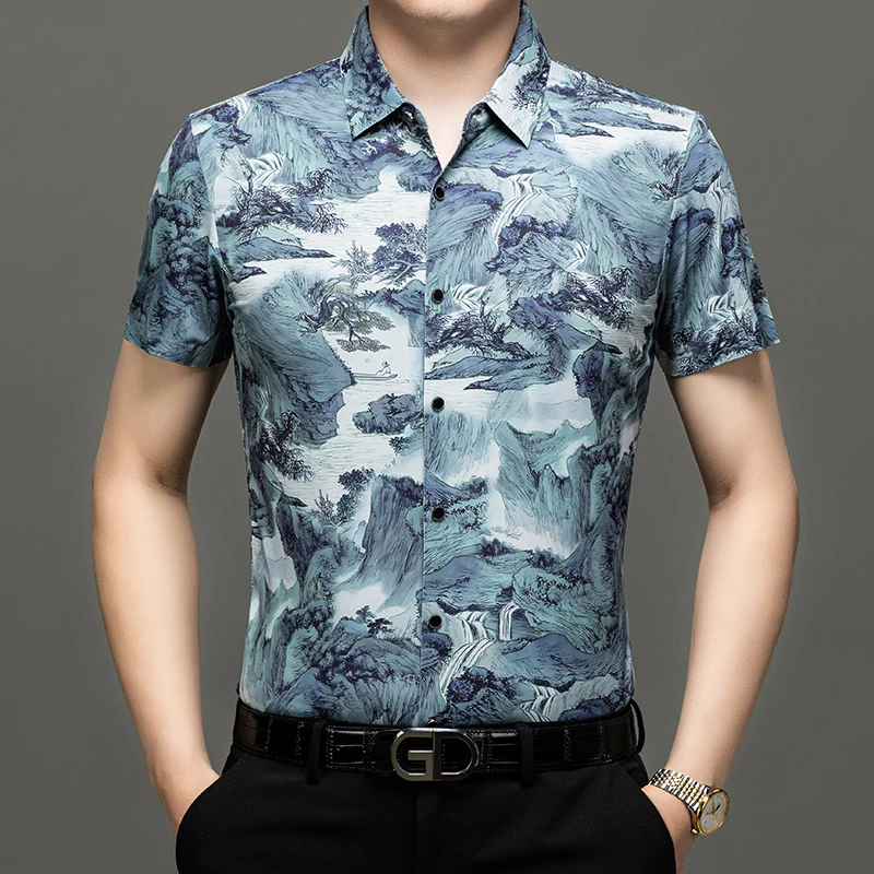 Chinese Stijl 3D Print Shirts Voor Mannen Korte Mouw Verbazingwekkende Zijdeachtige Zomer Koel Gevoel Kwaliteit Huidvriendelijke Mode Chemise Homme