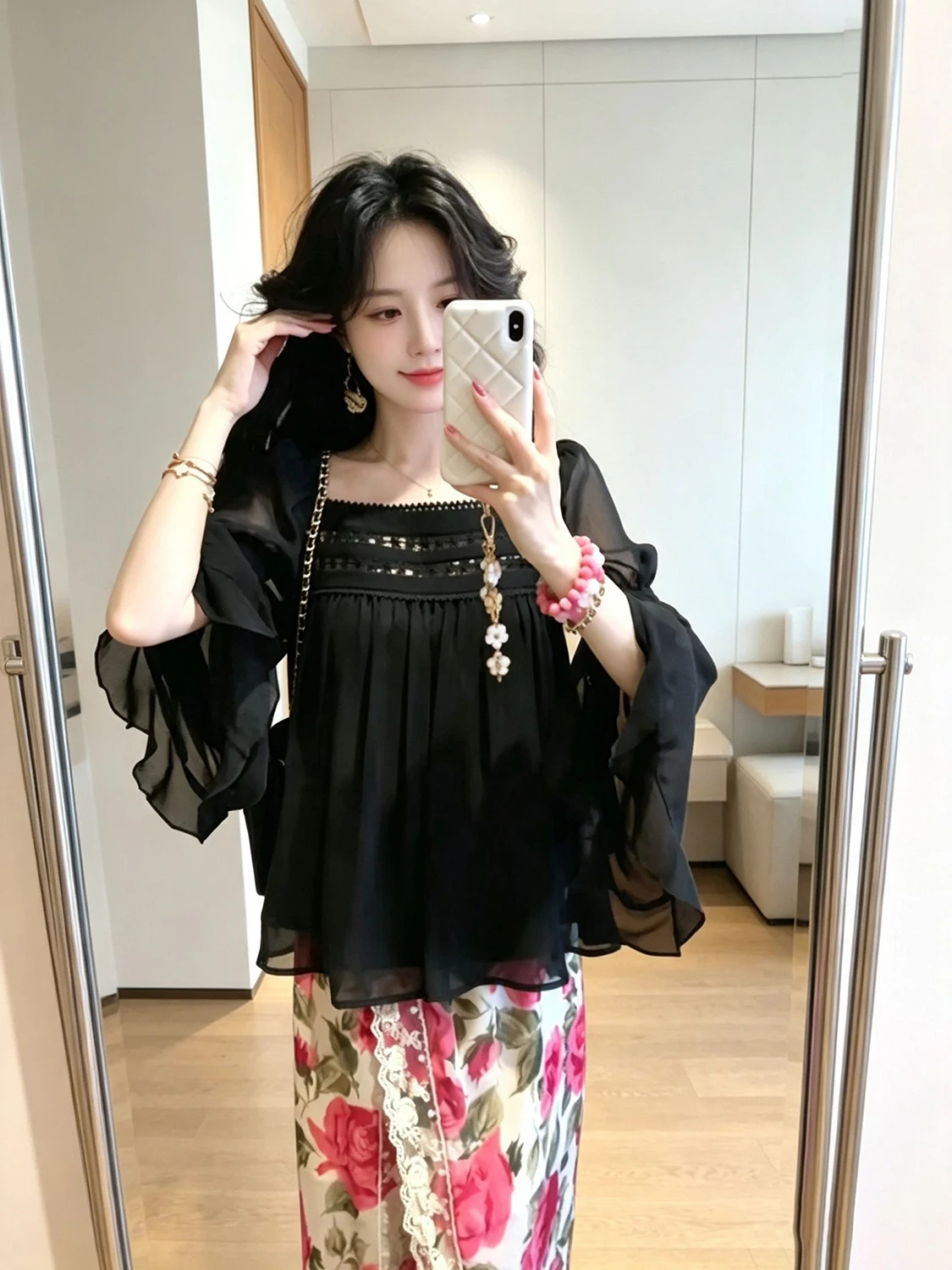 Elegant Pure Color Black Lace Square Collar Long Sleeve Bell Sleeve Women's Fashion Top Trendy Commute Style Korean Loose Fit 5