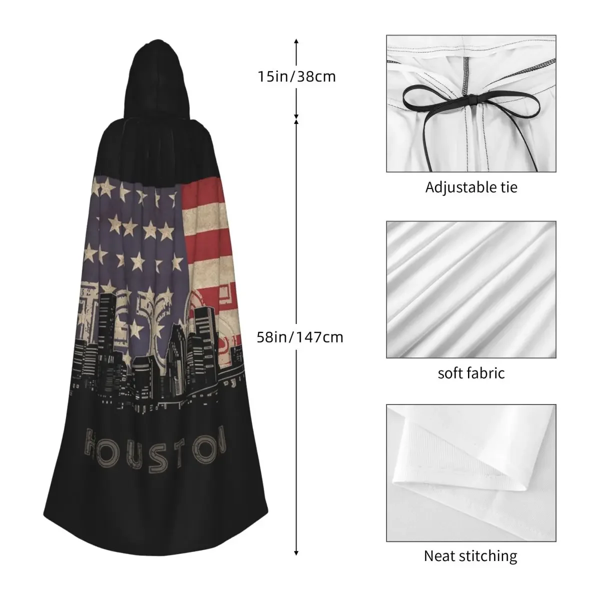휴스턴 스카이 라인 플래그 긴 후드 망토 마녀 중세 의상 코스프레 케이프 할로윈 뱀파이어 성인 유니섹스