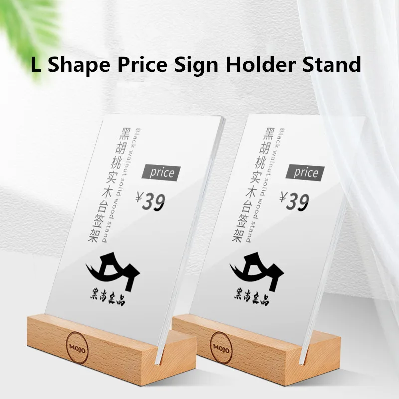 60x90mm L Shape Table Number Place Card Holder Wood Base Acrylic Sign Holder Display Stand Price Label Paper Tags