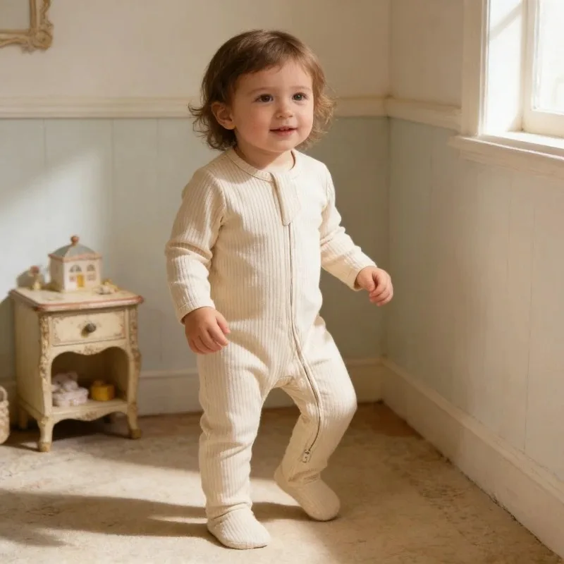 Organic Cotton Baby Jumpsuit Knitted Pit Strip Crawling Suit with Hat and Foot Cover