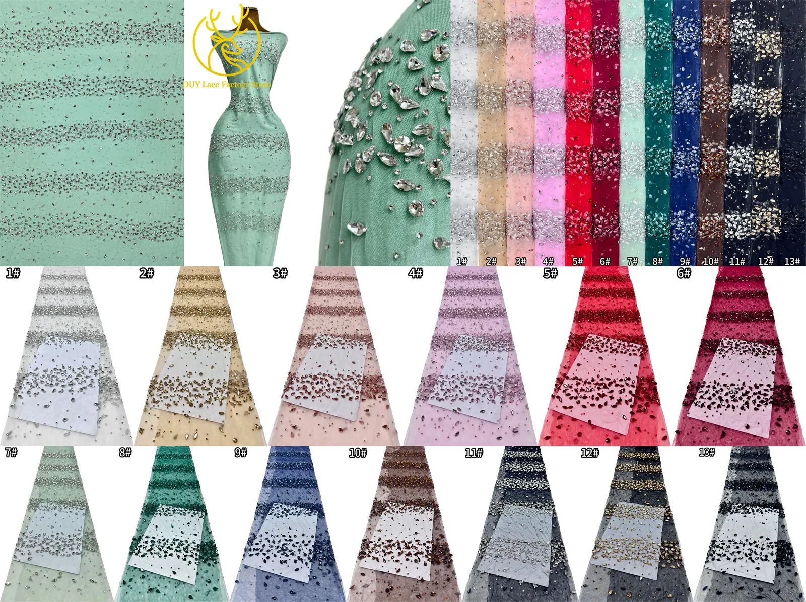 Goldener Luxus-Tüll-Spitzenstoff aus Dubai, hochwertiger nigerianischer afrikanischer Diamant-Tüll-Spitzenstoff für Hochzeitskleidung. – Detail 3