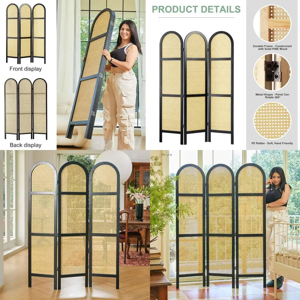

Freestanding Double Hinged Pine Wood Room Divider with 3 Rattan Panels, 5.6 Ft Tall Privacy Screen for Home