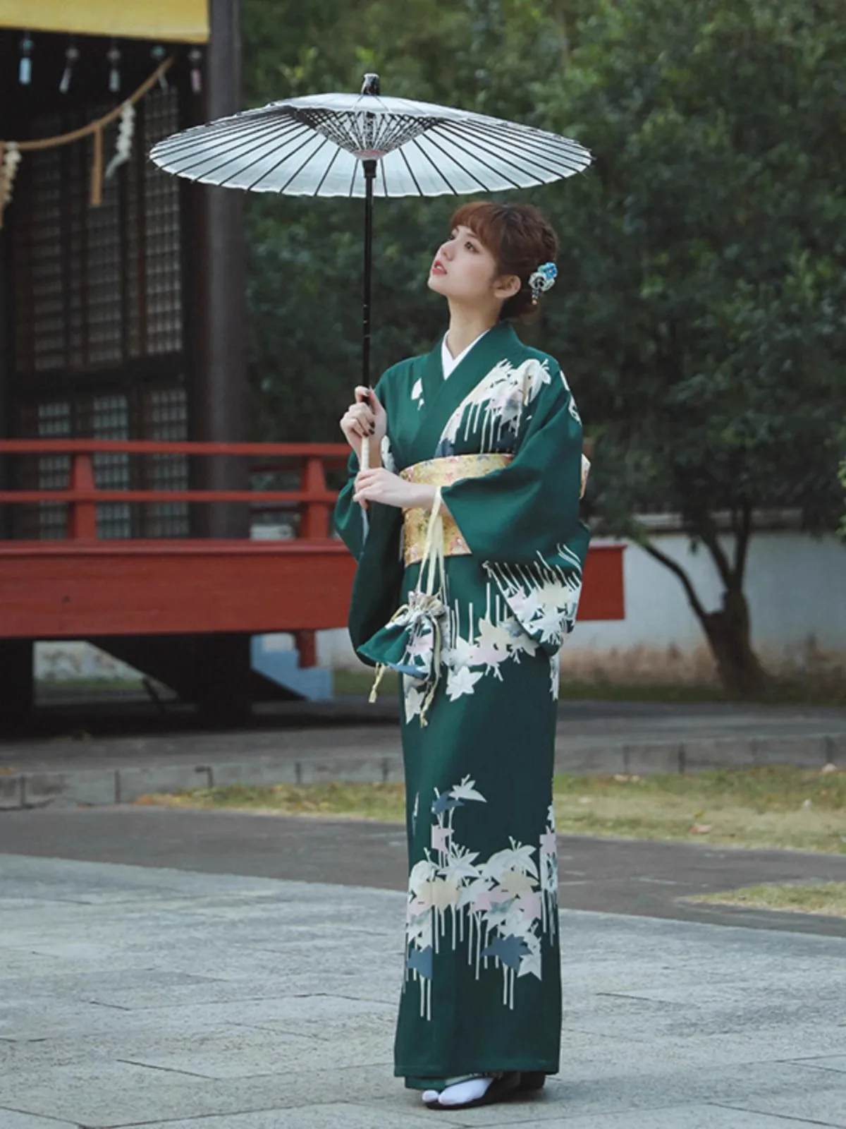 New Women Japanese Improved Kimono With Handbag Yukata Vintage Green Formal