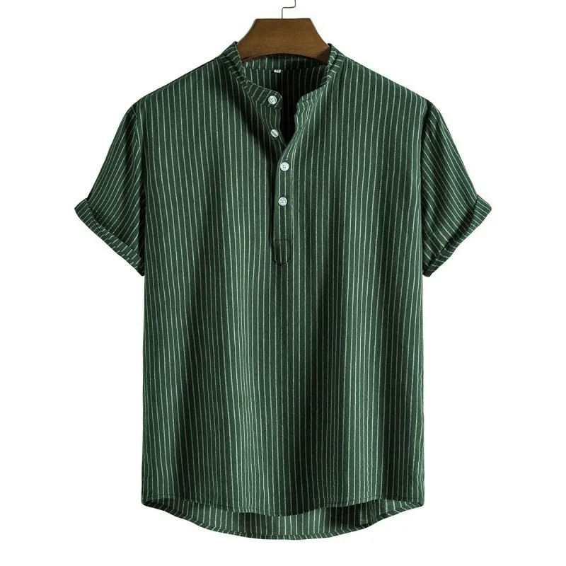 Spring and Autumn Summer Leisure Commuting Stand Up Collar Striped Ethnic Style Series Loose Short Sleeved Shirt for Men