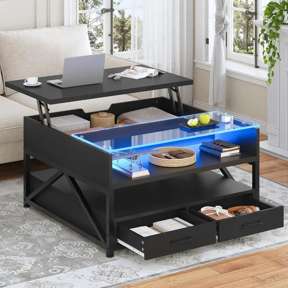 

31.5" Lift Top Coffee Table, Square Coffee Tables with Storage for Living Room, LED Coffee Table with Large Hidden Storage