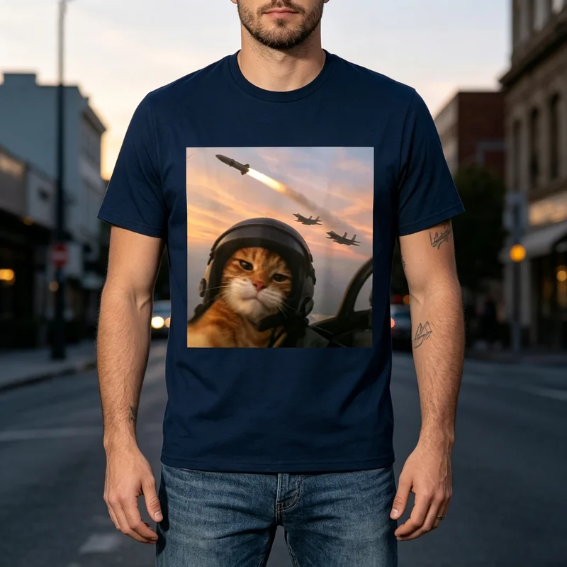 Funny Pilot Cat Tee Jet Fighter Background Print Men Women Cotton Short Sleeve Streetwear  Oversized T Shirt Y2k